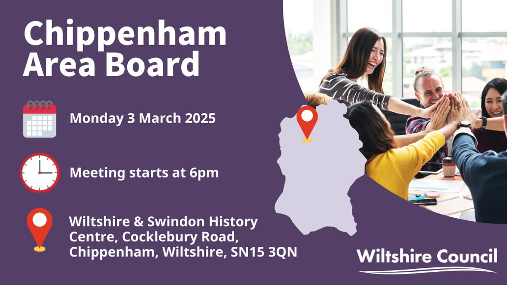 Chippenham Area Board Meeting on Monday 3rd March at 6pm!

Join residents, councillors and community partners. Discuss and hear updates as well as hearing about local priorities &amp; grant funding. 

More info 👉 orlo.uk/6raft