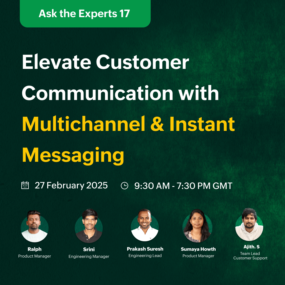 ZohoDesk's tweet photo. Got questions about managing customer interactions across channels? Our Ask the Expert session is here! 🚀

Join Zoho Desk specialists for a live text-based discussion on multichannel operations—covering email, chat, phone, social media, and more. 

📅 Date: Feb 27, 2025
🕒 Live from: 9:30 AM - 7:30 PM GMT

Drop your questions in the comments of our community channel, and our team will guide you 💬✨

Link to the community 👉 https://t.co/ykziu0NXbN