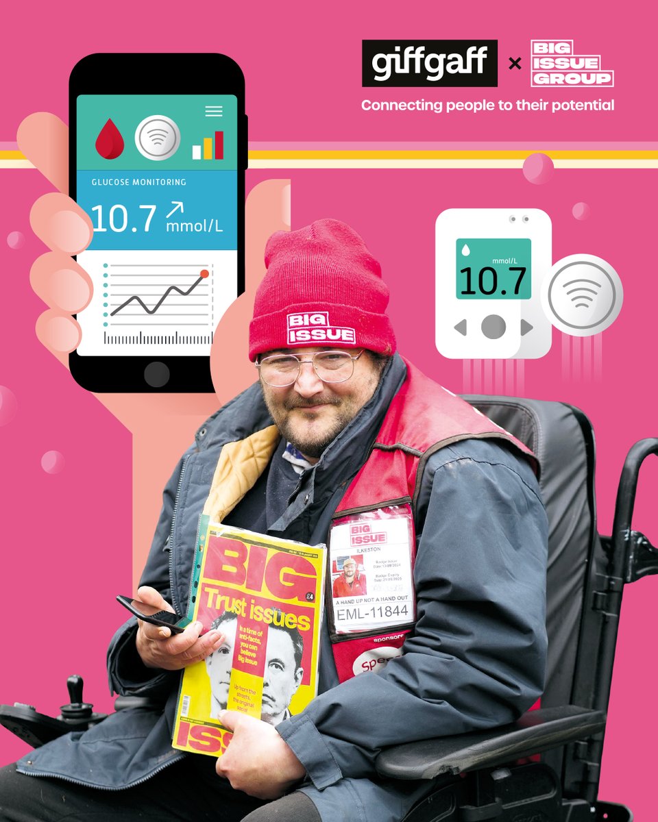 BigIssue's tweet photo. "When I check my blood sugar now, I just use my phone. It’s like a lifeline.”Meet James, whose @giffgaff phone is transforming how he manages his diabetes while selling @BigIssue. Read his story: https://t.co/xVqm5xyFeW #Ad #UpToGood https://t.co/1qJfzF7Riq