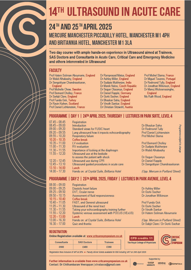 Join us at the 21st Annual Critical Care Symposium on April 24th and 25th, 2025, in Manchester. Take advantage of Early Bird Registration, available for the next 4 days!

Don't miss out on these essential tutorials:
- Basic cardio-vascular physiology: what intensivists should