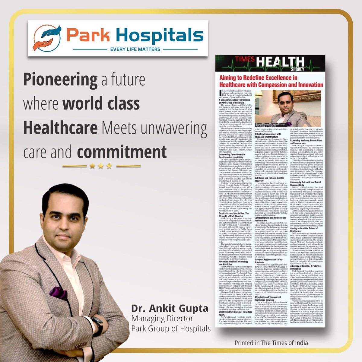 drankitgupta37's tweet image. Healthcare is not just a profession; it’s a commitment to serve with compassion &amp;amp; innovation. At Park Hospital, we are redefining excellence with cutting-edge technology &amp;amp; patient-centric care. Proud to be featured in the Times of India! 🏥✨ 
Click here to read the article:…