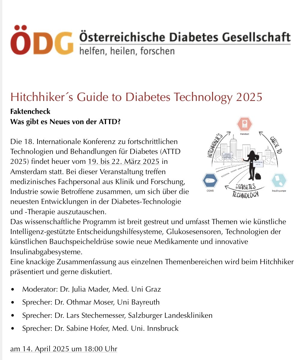 YD_AUSTRIA (@yd_aut) on Twitter photo Die Hitchhiker wandern in die nächste Runde und geben ein Online- Update zur Diabetestechnologie als Wrap-up der <a href="/ATTDconf/">Advanced Technologies & Treatments for Diabetes</a>
🗓️: 14.April.2025; 18 Uhr
Link zur Anmeldung: us06web.zoom.us/webinar/regist…
<a href="/OeDiabetesG/">Österreichische Diabetes Gesellschaft</a> <a href="/MadderJules/">Julia Mader🇺🇦🇺🇦🇦🇹🏳️🌈🇪🇺🇮🇱🇺🇦🇺🇦</a> Die Hitchhiker wandern in die nächste Runde und geben ein Online- Update zur Diabetestechnologie als Wrap-up der <a href="/ATTDconf/">Advanced Technologies & Treatments for Diabetes</a>
🗓️: 14.April.2025; 18 Uhr
Link zur Anmeldung: us06web.zoom.us/webinar/regist…
<a href="/OeDiabetesG/">Österreichische Diabetes Gesellschaft</a> <a href="/MadderJules/">Julia Mader🇺🇦🇺🇦🇦🇹🏳️🌈🇪🇺🇮🇱🇺🇦🇺🇦</a>