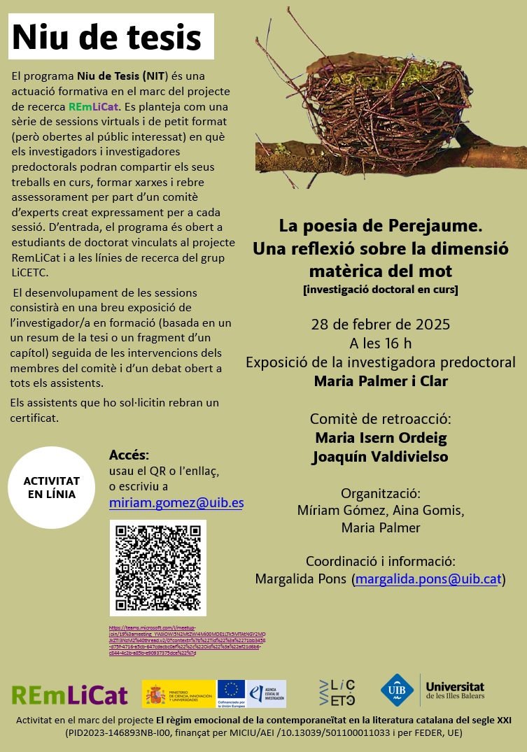 2a sessió d Niu de Tesis, a càrrec de Maria Palmer, aquest divendres 28, 16h, en línia. NIT és un programa pq els investigadors en formació donin a conèixer la seva feina i rebin suggeriments de 2 experts (en aquesta ocasió, Xim Valdivielso i <a href="/MariaIsernO/">Maria Isern Ordeig</a>). Obert a tothom!
