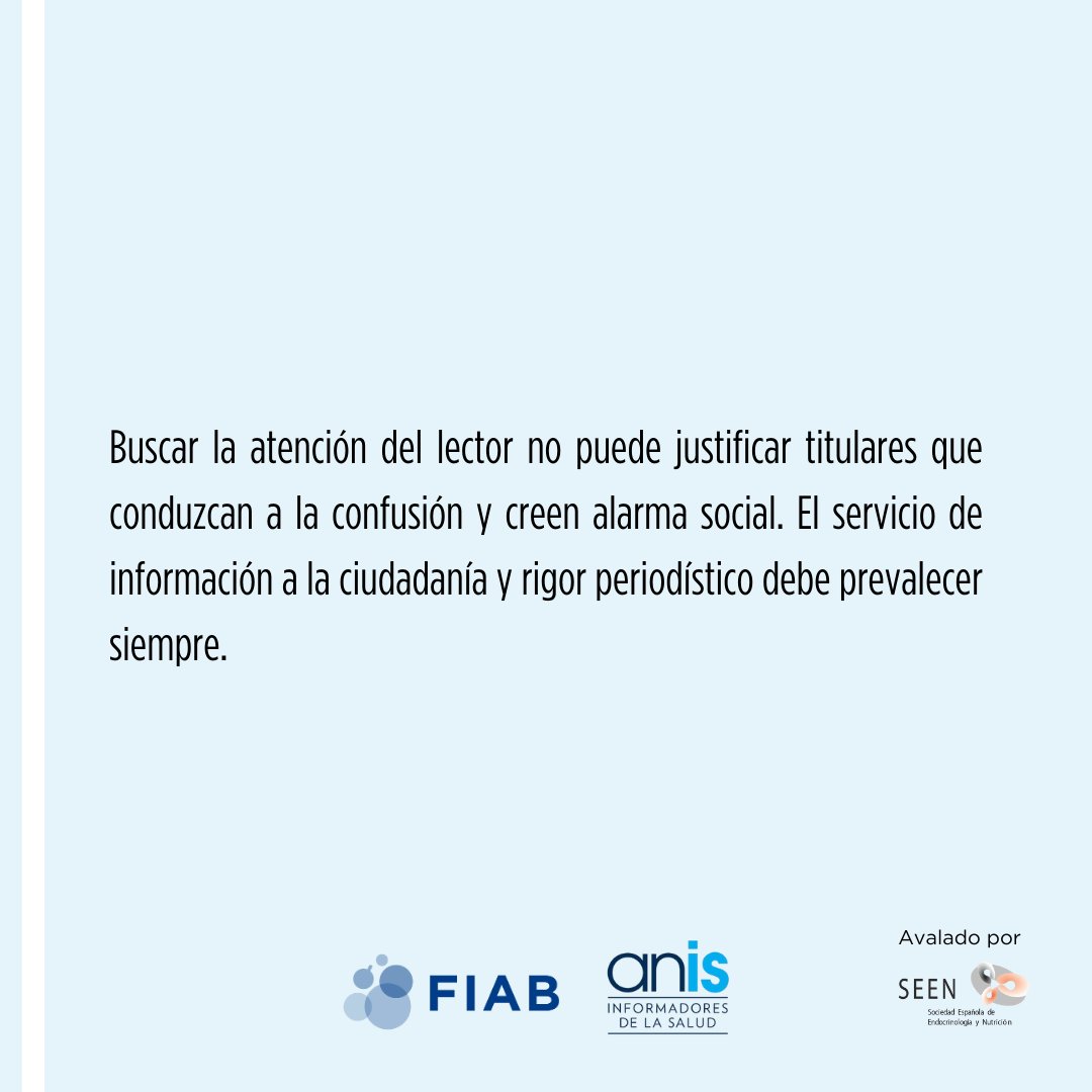 🔵 Hoy compartimos el punto 7⃣del #Decálogo por una Comunicación Responsable en Alimentación y Salud, elaborado por #FIAB y <a href="/anisalud/">ANIS</a>

🔷El documento cuenta con el aval científico de la
<a href="/sociedadSEEN/">Sociedad SEEN</a> y de su Fundación (FSEEN).

🔷Más información: fiab.es/es/archivos/do…