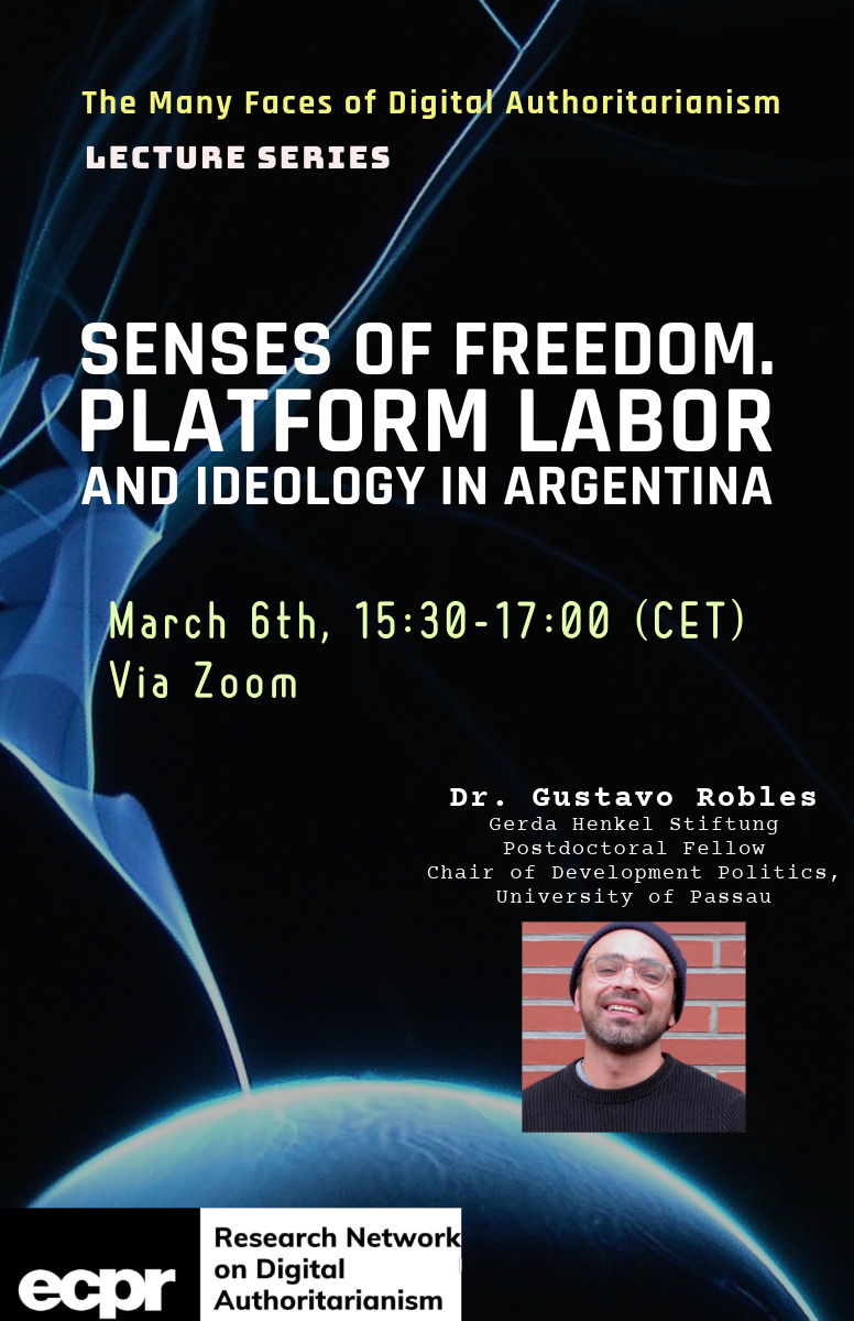 Online lecture by Gustavo Robles on "Senses of Freedom. #PlatformLabor and Ideology in #Argentina" 
📆 March 6, 15:30-17:00 CET
👀 Find the details &amp; zoom link: ecpr.eu/news/news/deta…