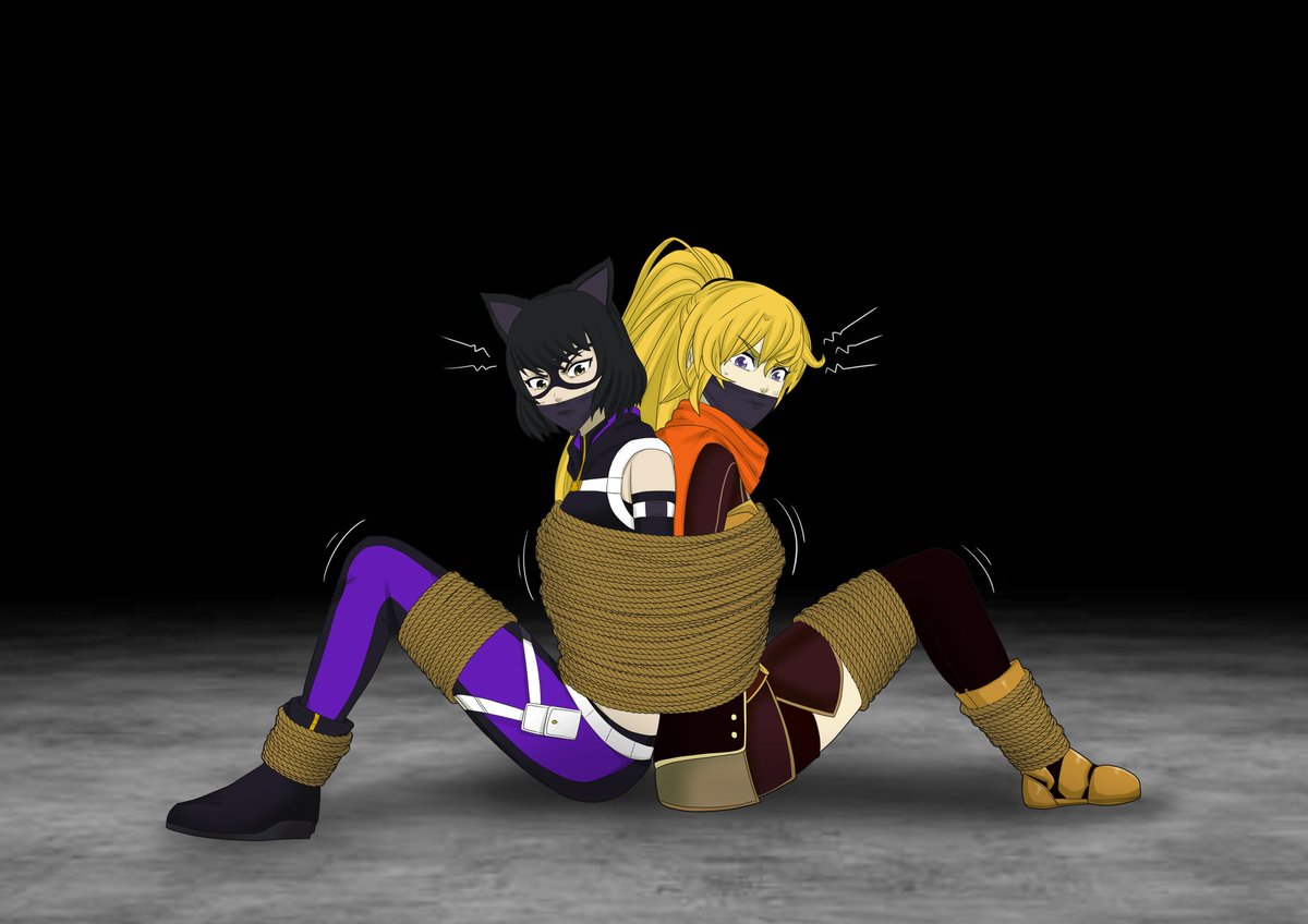 trishula97's tweet photo. Blake and Yang, in their Justice League outfits, were doing some recon when they were swarmed by villains. The two put up a good fight but were ultimately outnumbered and taken hostage. The two were bound and gagged and were planned to be used as bait to lure in Ruby and Weiss... https://t.co/YSNpsz3pha