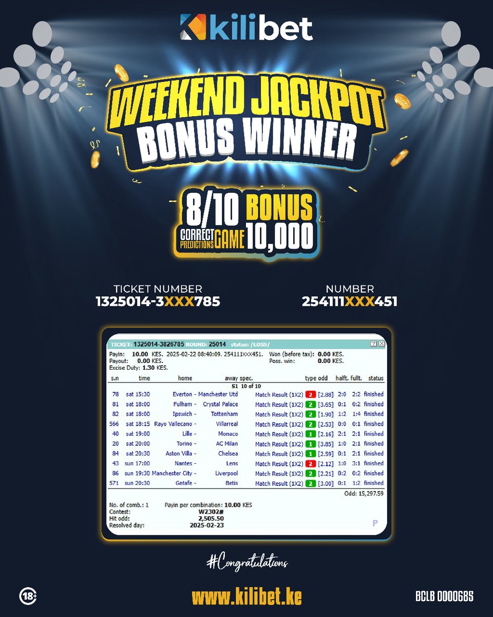 kilibet_ke's tweet image. 🎉 Congratulations to our Weekend  Jackpot Bonus winner! 💵

🎯 Will YOU be the next to hit the jackpot?

💰 Take your shot now at kilibet.ke/mob/jackpot with just 10 KES and claim your chance to WIN BIG! 🪙

🔥 Bonus rewards await for 8/10 and 9/10 hits!  #JackpotBonus