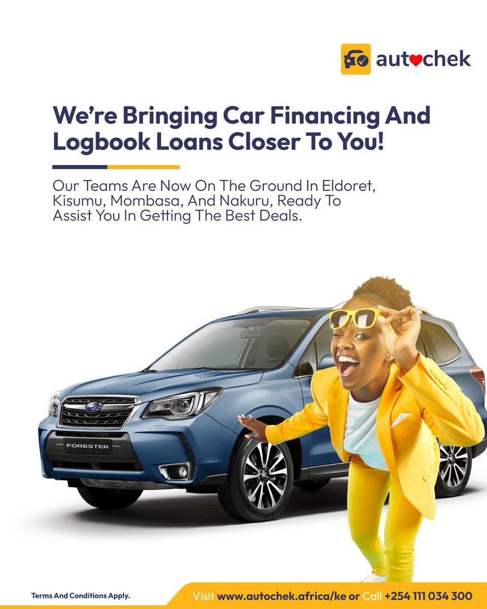 AutochekKenya's tweet image. More roads, more opportunities!

Autochek is now in more regions across Kenya, bringing seamless car financing and logbook loans closer to you. Wherever you are, we’ve got you covered!

#AutochekKenya #DriveYourDreams #AutochekFinancing #LogbookLoans