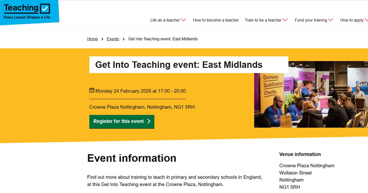 Want to #getintoteaching ? Our Initial Teacher Training team  are at the <a href="/getintoteaching/">Teaching</a> event at the Crowne Plaza in #Nottingham from 5pm to 8pm tonight.

They can answer all your questions about our  <a href="/TeachFirst/">Teach First</a> SCITT programme.
 #train2teach