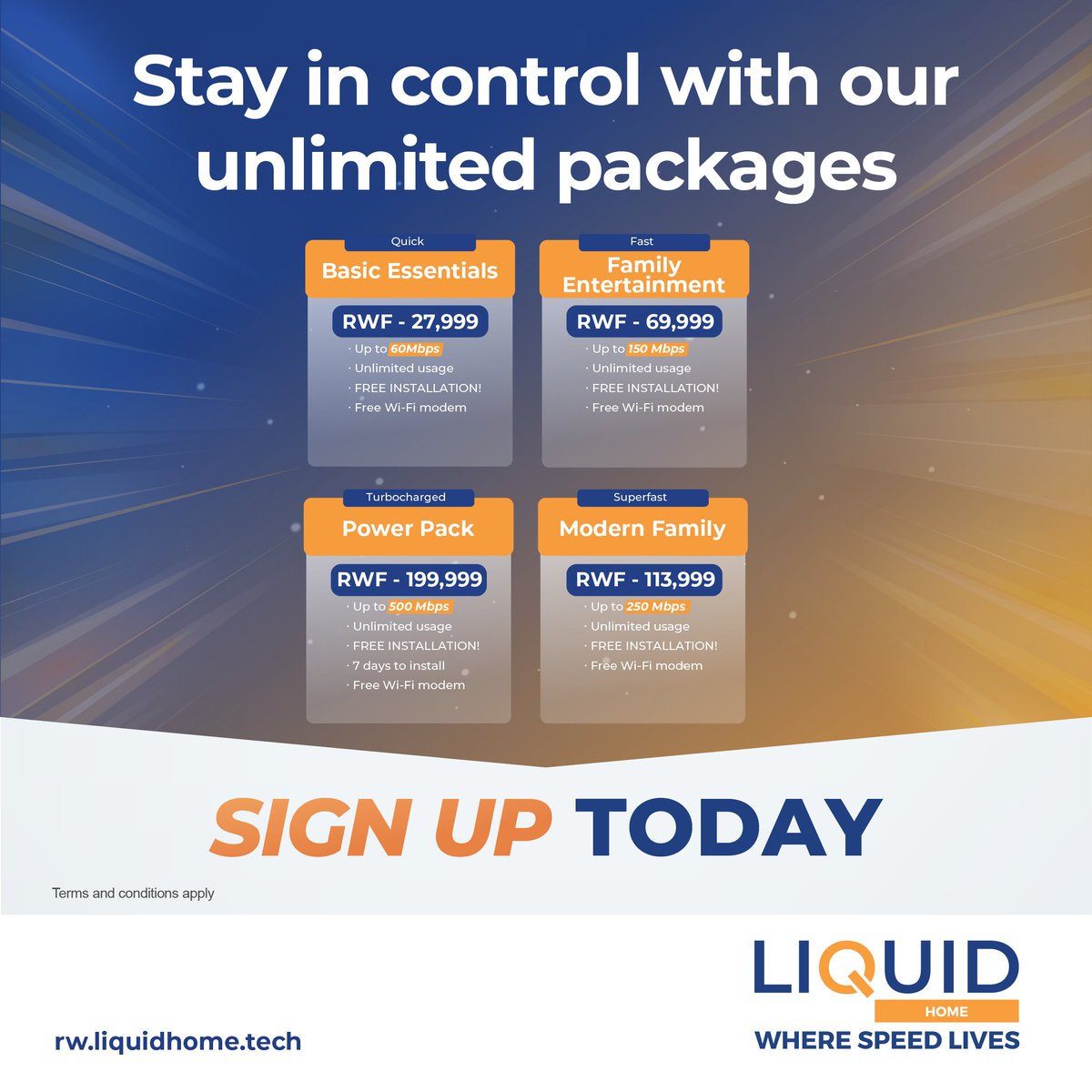Step into the new year with our superfast, affordable  packages! Experience internet like never before with speeds up to 500Mbps perfect for work, gaming, and binge-watching your favourite shows. Visit our website rw.liquidhome.tech or call us on 252100100 to sign up today.
