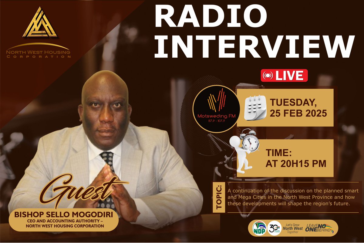 LegaelaBatho's tweet photo. Catch the CEO of the North West Housing Corporation as he continues the conversation on Smart and Mega Cities in the North West. He’ll cover:
Job creation and skill development for locals
Key technologies improving daily life https://t.co/7j2GIJRHtk
