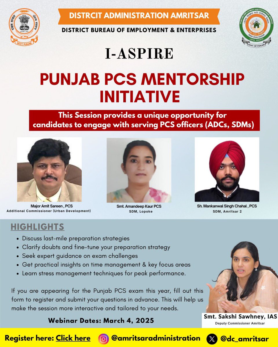 dc_amritsar's tweet photo. Under theย #iaspireย initiative, theย District Administration, Amritsar, is organizing an exclusive interactive session forย Punjab PCS aspirants. This session provides a unique opportunity for candidates to engage withย serving PCS officers.
Form Link: https://t.co/S7Cd0OJ3Ng https://t.co/y2eJEPLdsL