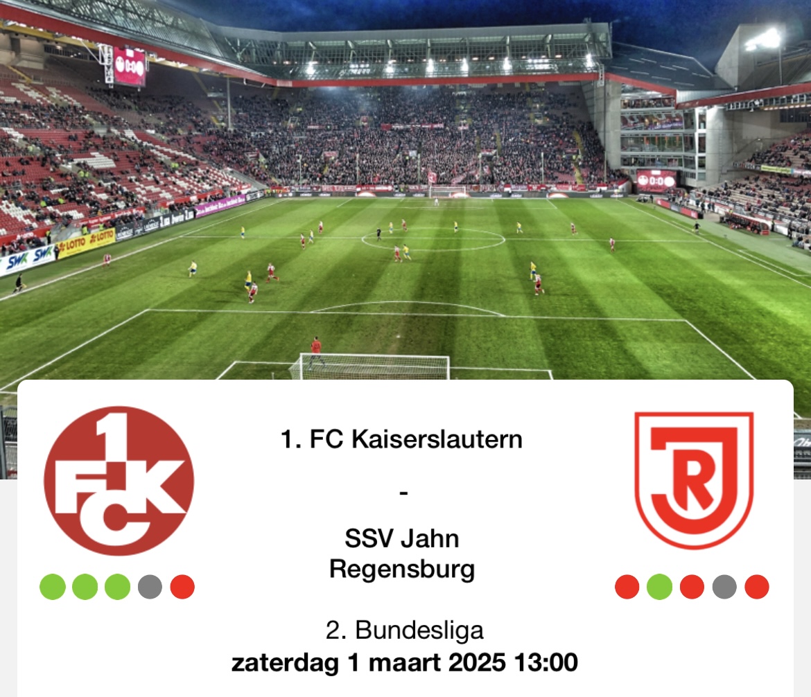 Door de (schandalig late) kalender wijziging voor Gent - Club Brugge zit er deze zaterdag jammer genoeg geen tripje naar Duitsland in voor mij. 

Ik probeer daarom nog mijn 2 kaarten kwijt te geraken voor Kaiserlautern - Regensburg. (26€/ticket)

Delen wordt gewaardeerd 🙏