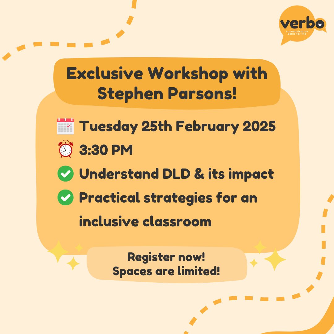 💡 Don’t miss Stephen Parsons workshop on #DLD TOMORROW, 25th Feb, 3:30pm.

✅ Understand DLD &amp; its impact.
✅ Take away evidence-based strategies.

✨ Register now—spots are filling fast!

#DLD #SpeechTherapy #TeacherSupport #VerboApp #InclusiveEducation