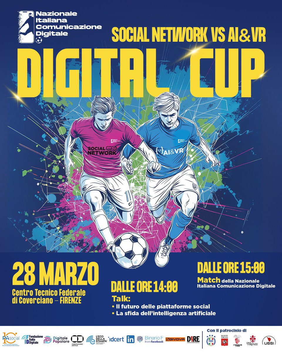 Francesco DiCostanzo (@fdicos10) on Twitter photo ⚽️📱🗓️ Venerdì 28 marzo torna la Digital Cup!
A Coverciano l’appuntamento con la Nazionale Italiana Comunicazione Digitale, che unisce calcio, sport e digitale, organizzato da #PASocial e <a href="/Fondazione_FID/">Fondazione Italia Digitale</a>, quest’anno con la sfida tra due squadre speciali: Ai&Vr vs Social network ⚽️📱🗓️ Venerdì 28 marzo torna la Digital Cup!
A Coverciano l’appuntamento con la Nazionale Italiana Comunicazione Digitale, che unisce calcio, sport e digitale, organizzato da #PASocial e <a href="/Fondazione_FID/">Fondazione Italia Digitale</a>, quest’anno con la sfida tra due squadre speciali: Ai&Vr vs Social network