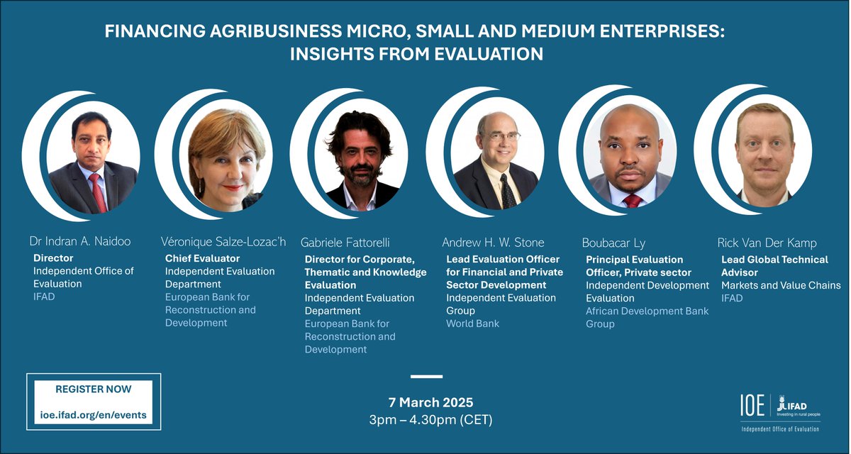 🔵 On 7 March, #IFADeval will host a learning event titled ‘Financing Agribusiness micro, small and medium enterprises: insights from evaluation’.

🔎 Learn more here: bit.ly/4blDyuE