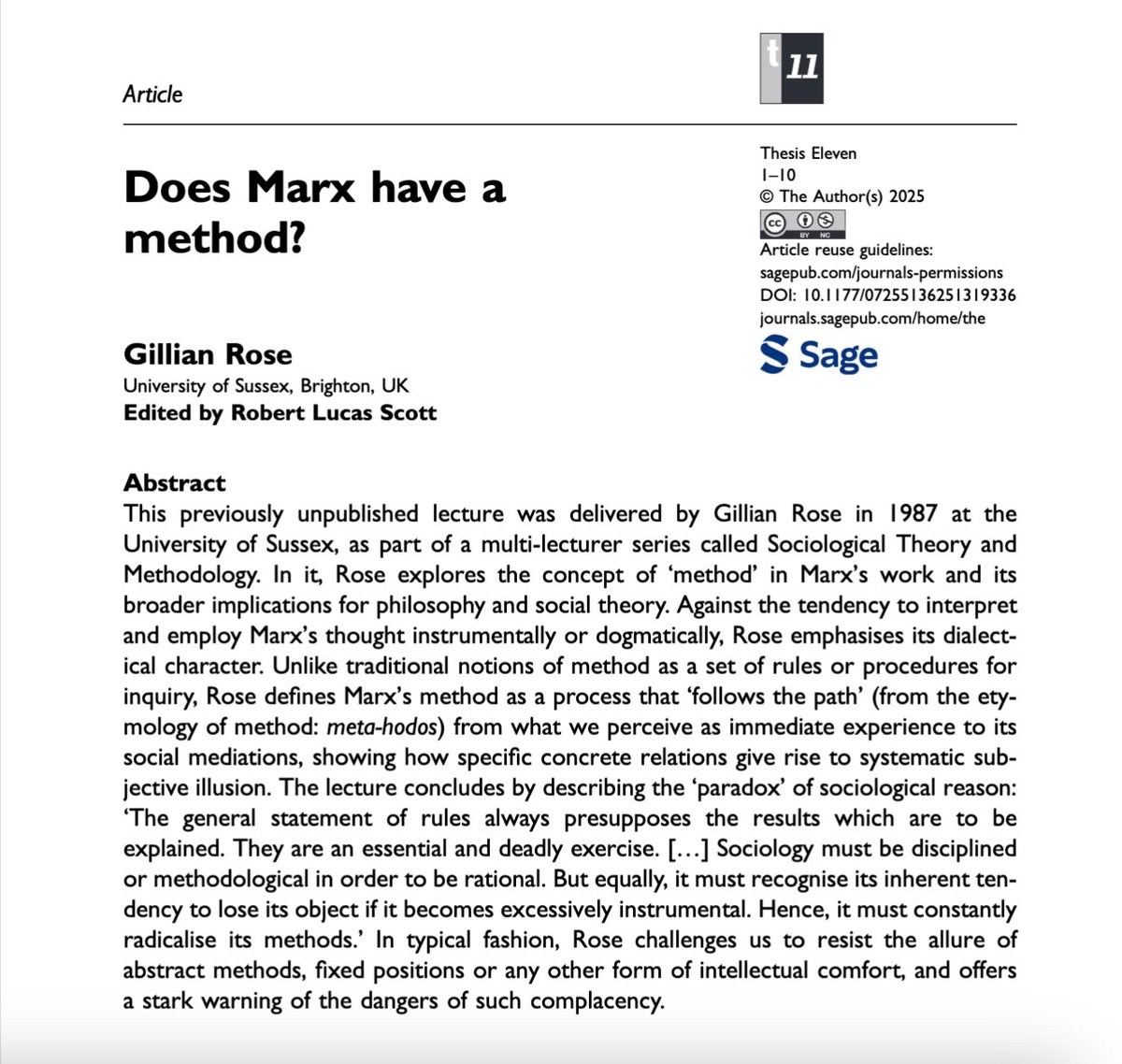 Robert Lucas Scott (@_rob_scott) on Twitter photo Published for the first time, here's Gillian Rose's lecture "Does Marx have a method?" –– with thanks to the Gillian Rose estate, <a href="/NoLuckLopez/">Daniel Lopez</a>, <a href="/Mblaz39/">Michael Lazarus</a>, and <a href="/Thesis11/">Thesis Eleven Journal</a> journals.sagepub.com/doi/10.1177/07… Published for the first time, here's Gillian Rose's lecture "Does Marx have a method?" –– with thanks to the Gillian Rose estate, <a href="/NoLuckLopez/">Daniel Lopez</a>, <a href="/Mblaz39/">Michael Lazarus</a>, and <a href="/Thesis11/">Thesis Eleven Journal</a> journals.sagepub.com/doi/10.1177/07…