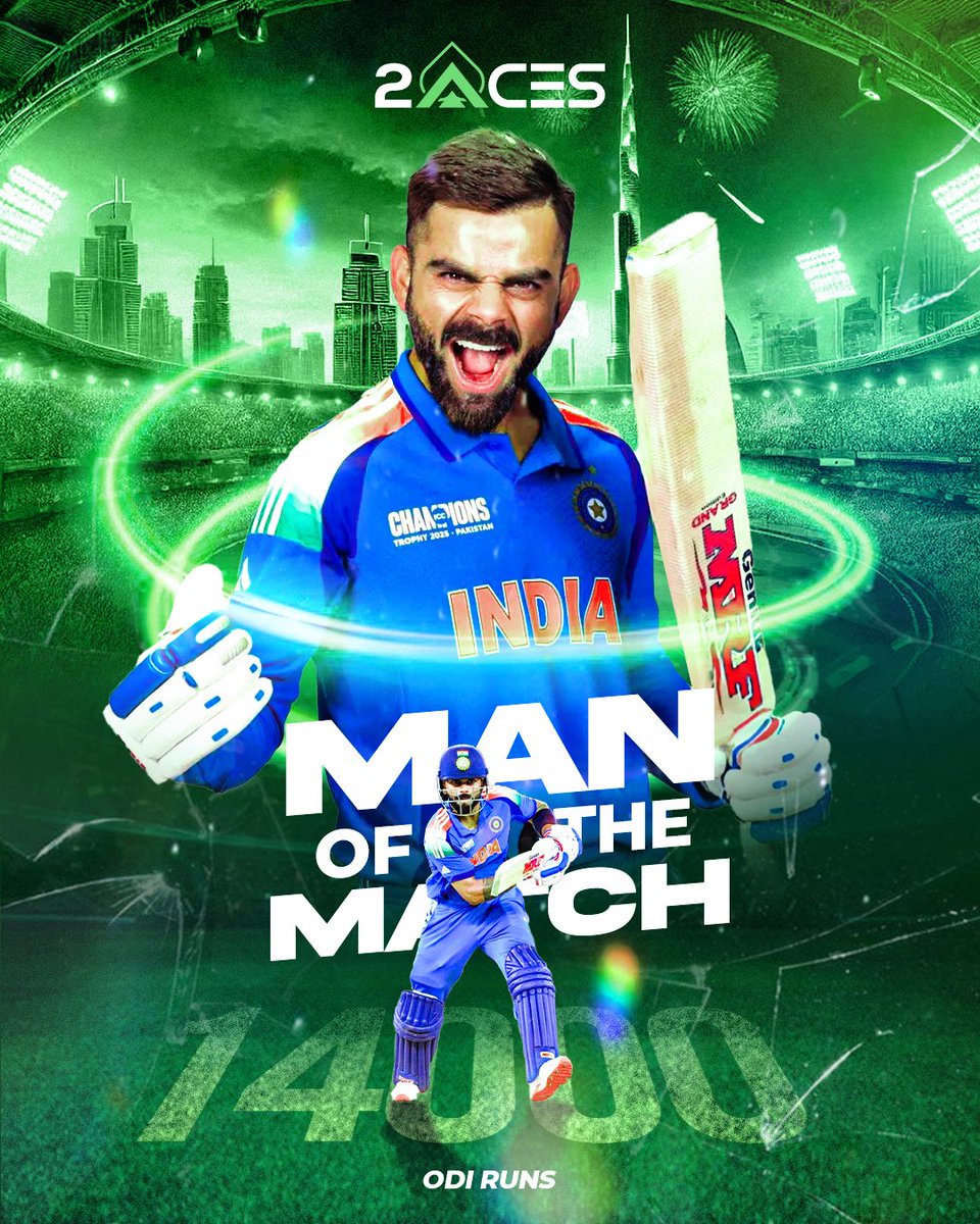 2Aces_official's tweet photo. Virat Kohli's century led India to a commanding six-wicket win over #Pak in the Champions Trophy 2025. His 51st ODI century not only secured the match but also propelled India closer to the semi-finals. Join the excitement and place your bets on https://t.co/yVqCZGi016

#INDvsPAK https://t.co/tOf0VbTpW4