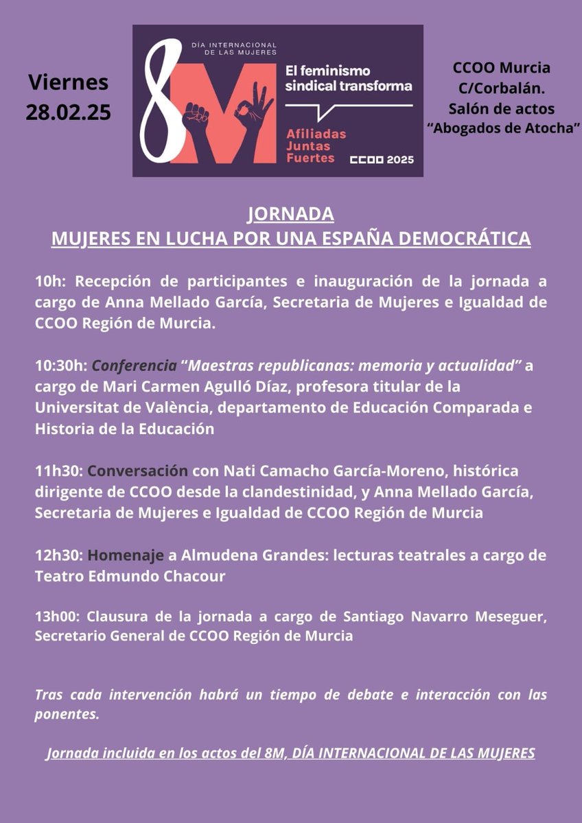 CCOORM's tweet photo. Te esperamos el viernes 28 de Febrero en la jornada "Mujeres en lucha por una España democrática" encuadrada dentro de los actos preparados por el #8M https://t.co/Hr1jIFGHeX