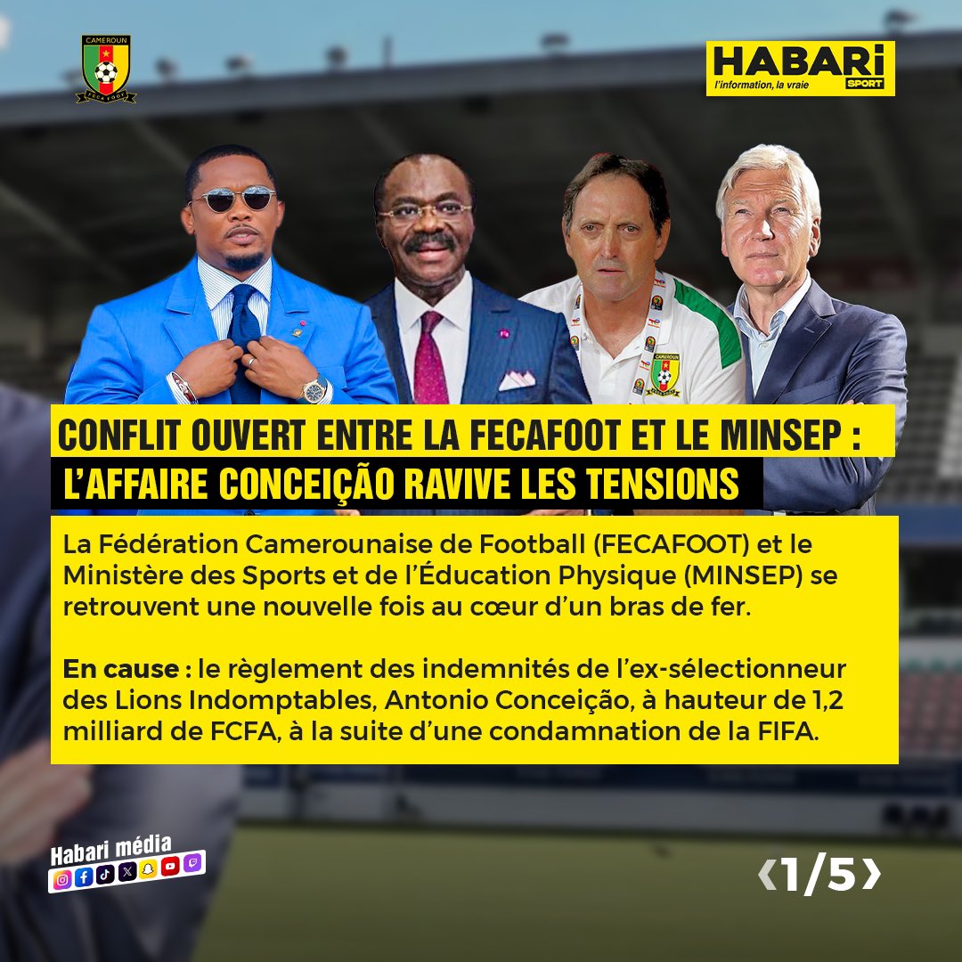 Habari_Media's tweet photo. "1,2 milliard pour Conceição : la @FecafootOfficie accuse le MINSEP et règle ses comptes !"
#Habari237 #FECAFOOT #MINSEP #AntonioConceiçao #FootballCamerounais #Scandale #GestionSportive #LionsIndomptables #FIFA #Cameroun #Polémique #CriseFootball https://t.co/Wc46RcHG8G