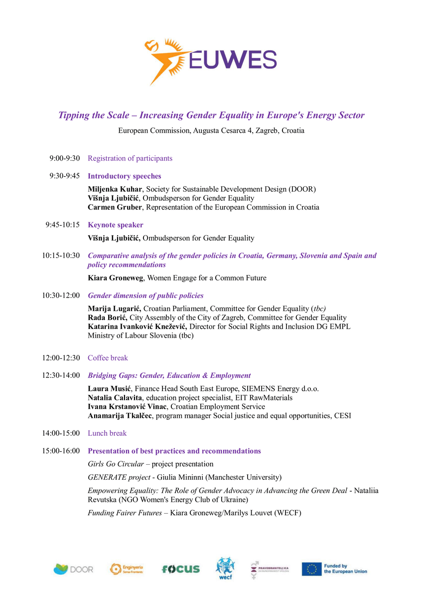 📢 Objavljujemo program konferencije "Tipping the Scale – Increasing Gender Equality in Europe’s Energy Sector"! ⚡♀️

📅 Prijave su otvorene do 7. ožujka!

📌 Prijavite se putem obrasca: lnkd.in/dHBh3q-e

#EUWES #TippingTheScale #EnergySector #WomenEmpowerment