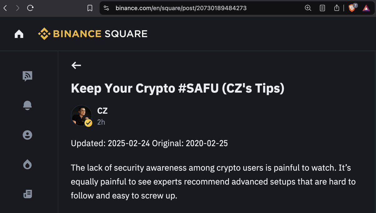 Spent the Sunday updating this security tips article from 5 years ago. Shrunk it from 5500 to 4300 words. If you haven't read it before, I recommend reading it.

It might just save you from a hack (that you never know because you avoided it). Stay SAFU!

binance.com/en/square/post…