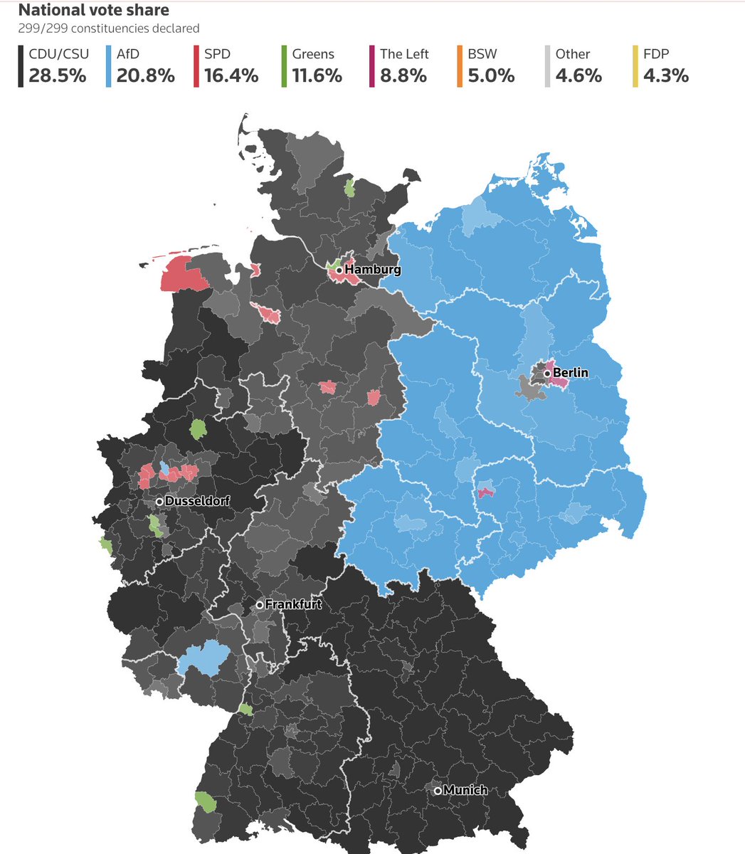 Results from Germany's election yesterday. The clearest example of a phantom border. 

Not only can you see the clear East-West divide between the former FDR and GDR, but Berlin too also remains divided between East and West.

Source: reuters.com/graphics/GERMA…