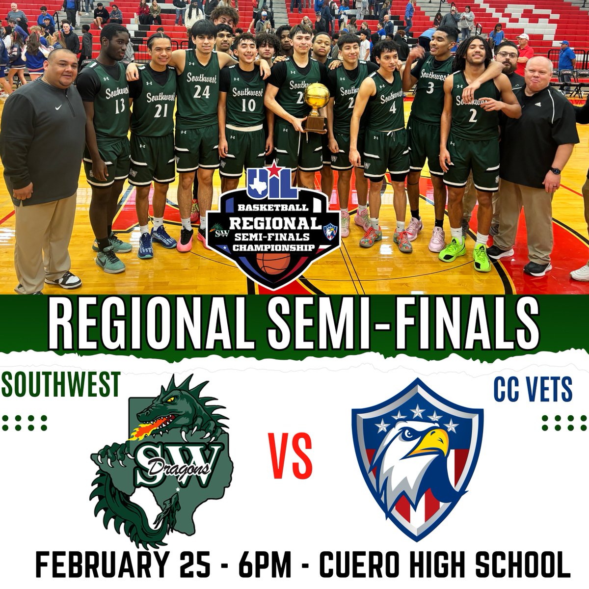 Dragon Hoops were crowned Area Champions by defeating the Leander Lions!
Enrique Torrez sank FIVE threes, ending the night with 19 points and AJ Franco had another solid performance with 13 points!
For the first time since the 2008-2009 season, Dragon Hoops is in the THIRD round.