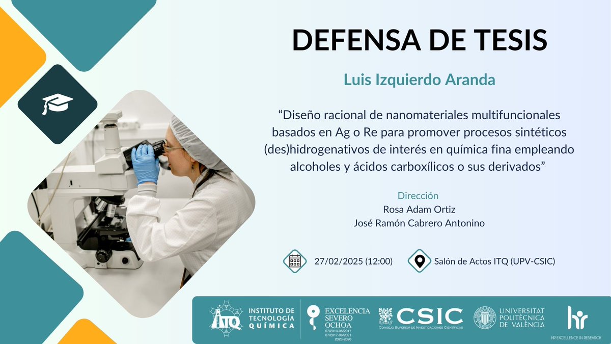📢 Defensa de tesis 

Luis Izquierdo Aranda defenderá su tesis "Diseño racional de nanomateriales multifuncionales basados en Ag o Re para promover procesos sintéticos (des)hidrogenativos de interés en química fina empleando alcoholes y ácidos carboxílicos o sus derivados" ⬇️