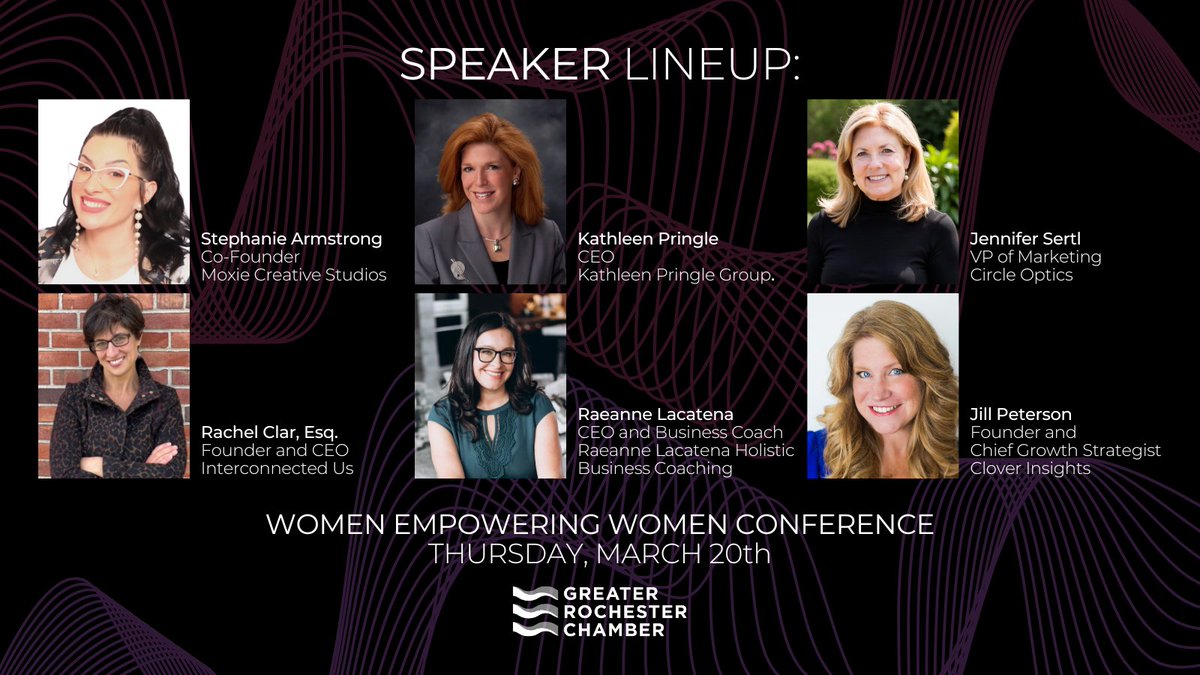 We're excited to showcase our speakers for our 2025 Women Empowering Women conference! Topics will range from AI and personal branding to emotional intelligence and practicing mindfulness. 💜

Don't wait to register - seats are selling out fast: my.greaterrochesterchamber.com/calendar/Detai…