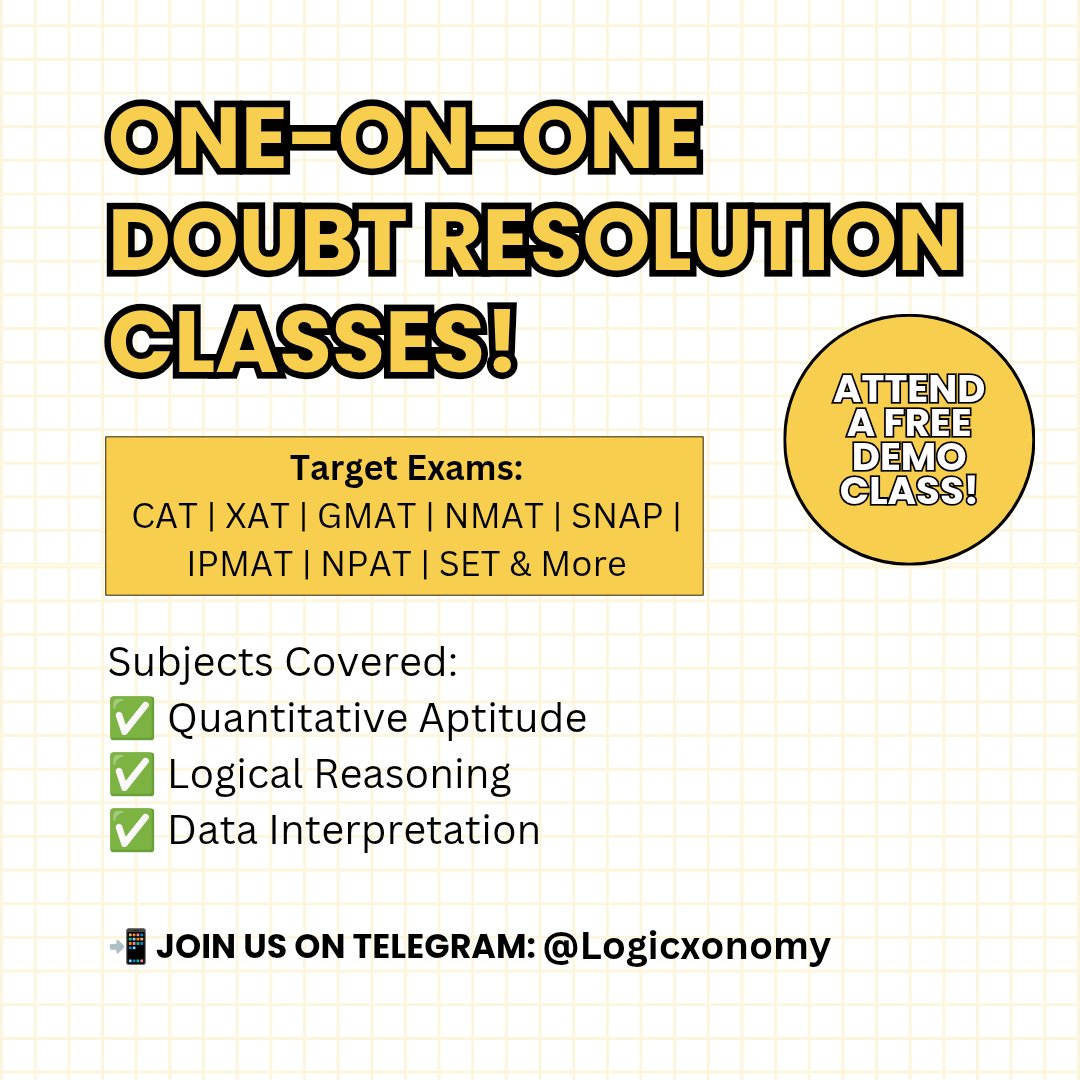 logicxonomy's tweet image. 🚀 One-on-One Doubt Resolution Classes – Ace Your Exam Preparation!
Facing challenges in Quantitative Aptitude, Logical Reasoning, or Data Interpretation? Get personalized guidance with our exclusive one-on-one doubt-solving sessions.