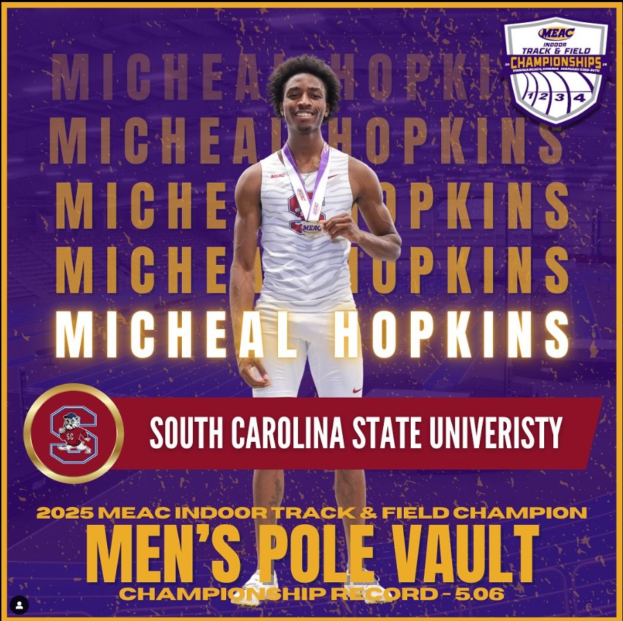 BULLDOG NATION🏆CHAMPION ALERT🏆
Michael Hopkins soars to new heights, setting a Championship Record (5.06m) and claiming the 2025 MEAC Indoor Track &amp; Field Championship title in Men’s Pole Vault!

#FearTheBite | #WeAreSCState | #bulldogtenacity