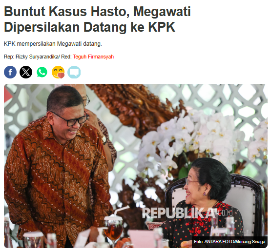 Wakil Ketua KPK Ibnu Basuki Widodo mempersilahkan Ketum PDIP Megawati Soekarnoputri kalau ingin datang ke lembaga antirasuah itu
Ibnu menyebut kedatangan Megawati ke KPK merupakan hak individu yang tak dapat dicegah

Nah tuh, sudah dipersilahkan datang tuh mak
Mau datang kapan?