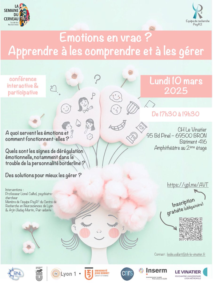 WALLART Leslie - PsyR2 (@lesliewallart) on Twitter photo #Evenement | Dans le cadre de la <a href="/Semaine_Cerveau/">Semaine du Cerveau</a>, l'équipe de #recherche #PsyR2 organise une #conférenceparticipative le 10 mars
🆓Gratuit, sur inscription ! En savoir + ici 👇yp.events/20fb5fe7-704e-…
<a href="/crnl/">CRNL</a> | <a href="/LeVinatier/">Le Vinatier</a> l <a href="/CNRS/">CNRS 🌍</a> | <a href="/InsermAuRA/">Inserm Auvergne-Rhône-Alpes</a> | <a href="/UnivLyon1/">Université Lyon 1</a> | <a href="/Univ_St_Etienne/">Université Jean Monnet Saint-Étienne</a> #Evenement | Dans le cadre de la <a href="/Semaine_Cerveau/">Semaine du Cerveau</a>, l'équipe de #recherche #PsyR2 organise une #conférenceparticipative le 10 mars
🆓Gratuit, sur inscription ! En savoir + ici 👇yp.events/20fb5fe7-704e-…
<a href="/crnl/">CRNL</a> | <a href="/LeVinatier/">Le Vinatier</a> l <a href="/CNRS/">CNRS 🌍</a> | <a href="/InsermAuRA/">Inserm Auvergne-Rhône-Alpes</a> | <a href="/UnivLyon1/">Université Lyon 1</a> | <a href="/Univ_St_Etienne/">Université Jean Monnet Saint-Étienne</a>