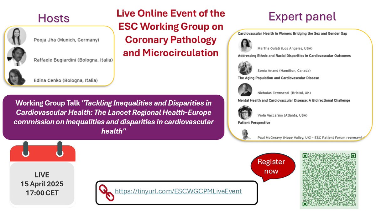 Edina Cenko (@edinacenko) on Twitter photo 🚀 Join #ESCWGCPM for a powerful talk on #women’s CV health #ethnicdisparities #aging #MentalHealth & learn #patient perspectives!
🔗 Register for free: tinyurl.com/24ru95kz
#CardioEd #CardioTwitter #ESC #Cardiology
<a href="/DrMarthaGulati/">Dr. Martha Gulati ♥️🫀❤️🩹🇨🇦</a> <a href="/RBugiardini/">Raffaele Bugiardini</a> <a href="/PoojaJha2015/">Pooja Jha</a> <a href="/escardio/">European Society of Cardiology</a> 🚀 Join #ESCWGCPM for a powerful talk on #women’s CV health #ethnicdisparities #aging #MentalHealth & learn #patient perspectives!
🔗 Register for free: tinyurl.com/24ru95kz
#CardioEd #CardioTwitter #ESC #Cardiology
<a href="/DrMarthaGulati/">Dr. Martha Gulati ♥️🫀❤️🩹🇨🇦</a> <a href="/RBugiardini/">Raffaele Bugiardini</a> <a href="/PoojaJha2015/">Pooja Jha</a> <a href="/escardio/">European Society of Cardiology</a>