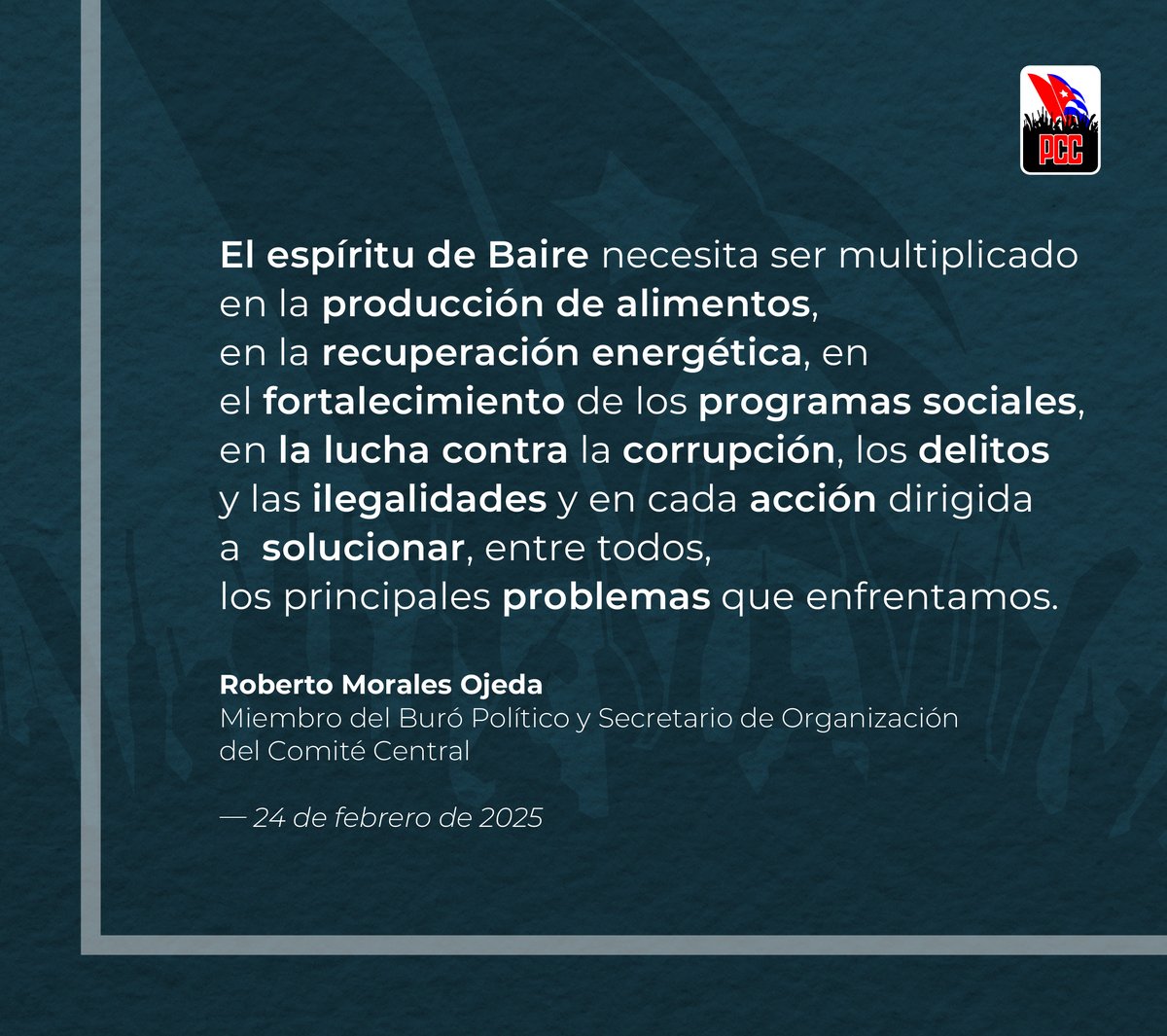 En Cuba seguiremos construyendo esperanzas y futuros para nuestros hijos y para la humanidad.

Palabras de <a href="/DrRobertoMOjeda/">Dr. Roberto Morales Ojeda</a> en la conmemoración del reinicio de las luchas de independencia, el 24 de febrero.

Íntegras en nuestro Sitio web:
pcc.cu/en-cuba-seguir…