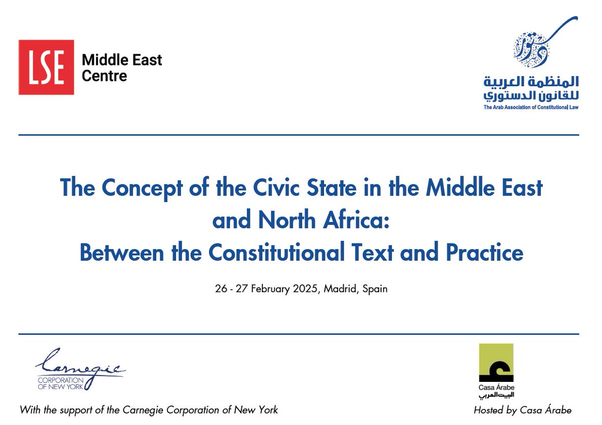 LSE Middle East (@lsemiddleeast) on Twitter photo This Wednesday 26 & Thursday 27 February, the Centre along with <a href="/AACL_MENA/">The Arab Association of Constitutional Law (AACL)</a>, <a href="/CarnegieCorp/">Carnegie Corporation of New York</a> & <a href="/Casaarabe/">Casa Árabe</a> in Madrid are hosting the 'Concept of the Civic State in the Middle East and North Africa' conference. Stay tuned for updates! This Wednesday 26 & Thursday 27 February, the Centre along with <a href="/AACL_MENA/">The Arab Association of Constitutional Law (AACL)</a>, <a href="/CarnegieCorp/">Carnegie Corporation of New York</a> & <a href="/Casaarabe/">Casa Árabe</a> in Madrid are hosting the 'Concept of the Civic State in the Middle East and North Africa' conference. Stay tuned for updates!