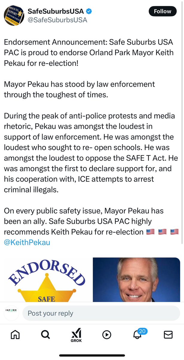 This endorsement by the DuPage County political hacks at <a href="/SafeSuburbsUSA/">SafeSuburbsUSA</a> slap the real police in the face. Orland Park Police Union endorsed Jim Dodge for <a href="/VillageOrlandPk/">Village of Orland Pk</a> and <a href="/OrlandPk4All/">Orland Park for All</a> orlandparkforall.com/wp-content/upl…