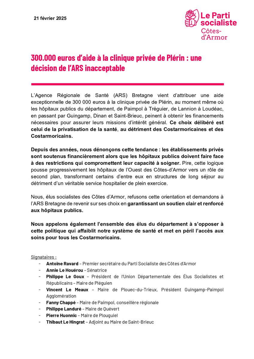 📝 300.000 euros d’aide à la clinique privée de Plérin : une décision de l’ARS inacceptable !

Communiqué des socialistes costarmoricains et de l'<a href="/Uesr22/">UESR 22</a> ⤵️