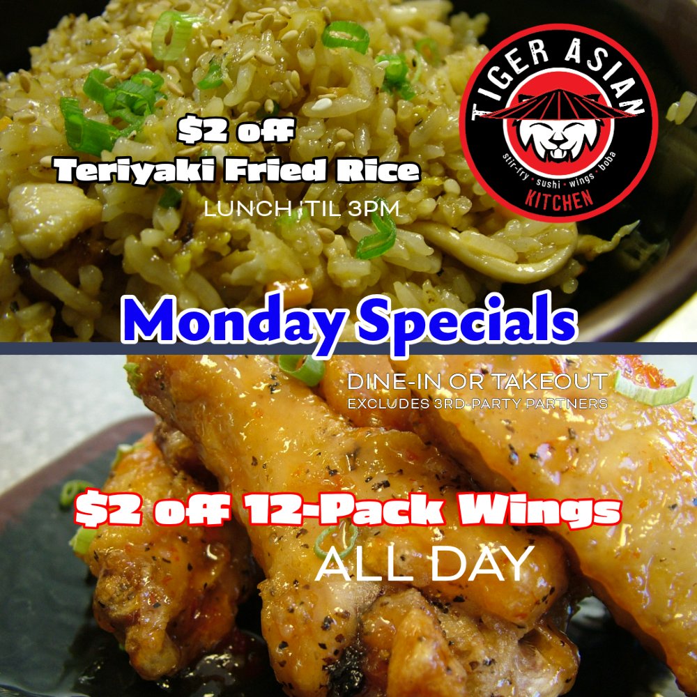 TigerAsianBowl's tweet photo. Monday Specials: 
$2 off Teriyaki Fried Rice (Lunch 'til 3pm)
$2 off 12-Pack Wings (All Day)
Order Now! https://t.co/YWJsKpZOTO https://t.co/vuj0yJef0p