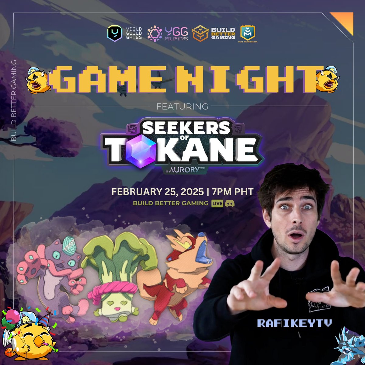 🚀 BBG Game Night: <a href="/AuroryProject/">Aurory: Seekers of Tokane</a> x YGG GAP S9! 🎮

Join us with special guest <a href="/RafikeyTV/">RafiKeyTV - Locked in Tokane!</a>  (Esports pro &amp; 🎮 Content Producer ) for live gameplay, pro tips &amp; challenges! 🔥

📅 Feb 25,2025
⏰ 7:00 PM PHT
 📍 BBG Discord Server &amp; FB

Tag your squad &amp; let’s conquer Tokane! 🏆🔥