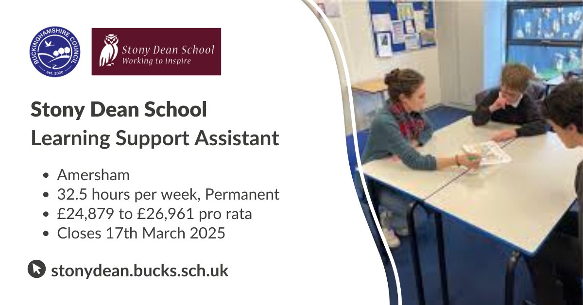 teachbucks's tweet image. Stony Dean School seek a caring and enthusiastic member of staff to join their friendly team, supporting the classroom learning of individuals and small groups across the school. Find out more: ow.ly/iAKm50V5lFm
#LearningSupportAssistant #JobsinSchools #Education