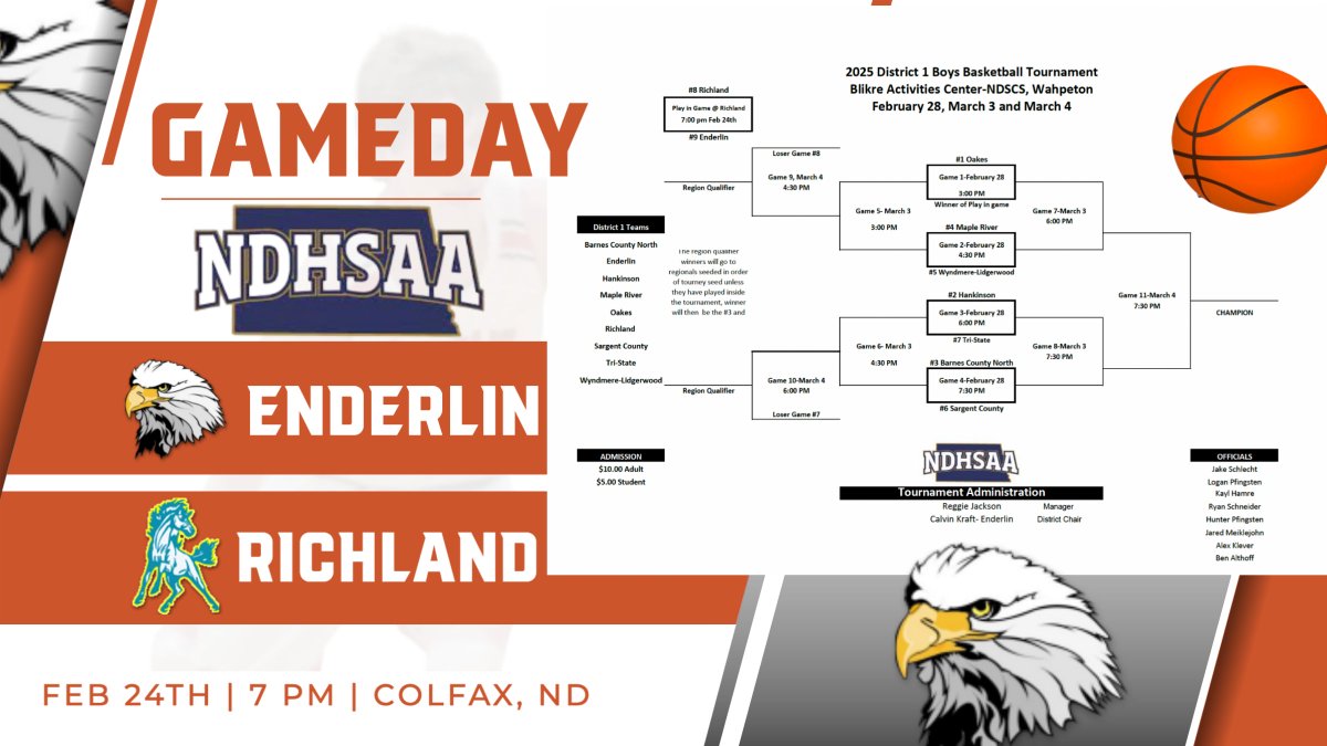 It's that time! Eagle boys head to Richland tonight for the right to move on to NDSCS and the district 1 tournament. 7 pm tip off live on NFHS Network. If you can get to Colfax the boys would appreciate it!
