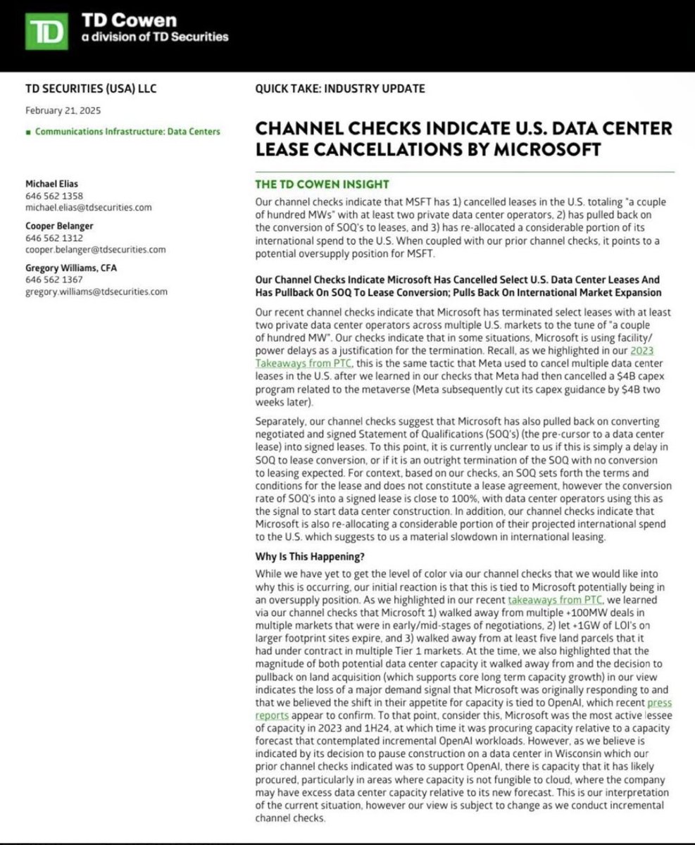 MohapatraHemant's tweet image. Lot of FUD around MSFT cancelling their datacenter leases and that somehow indicative of softer demand for AI. The beginning of boom cycles are often CAPEX heavy but over time it is inevitable the CAPEX gets spent more efficiently. What does this mean for hyperscalers, chip cos,…