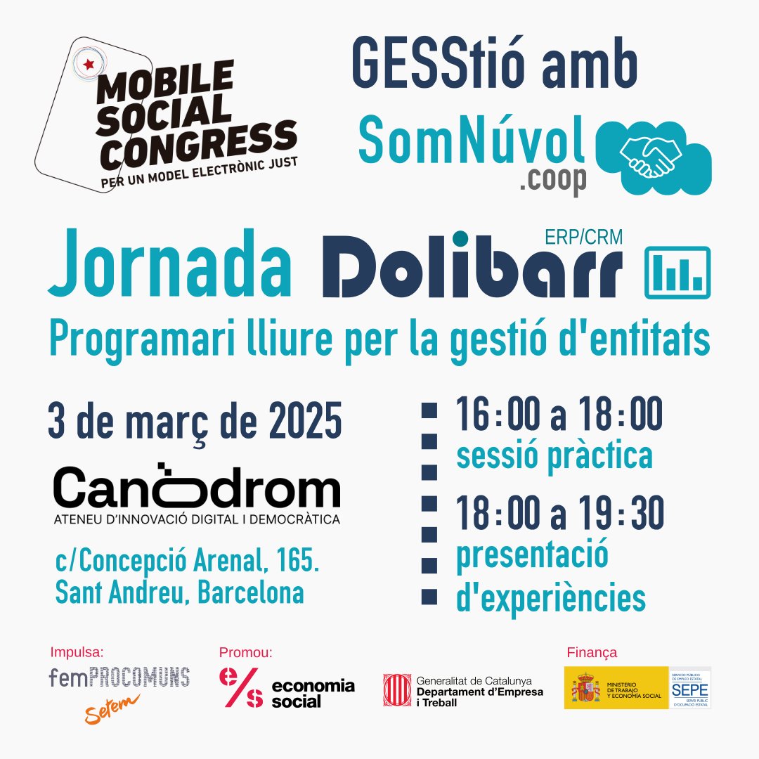 El 03/03 des de <a href="/SomNuvolCoop/">SomNuvol.coop</a> fan una sessió dins del Mobile Social Congress per  ensenyar i explicar l'eina de Dolibarr, per la gestió  d'entitats i empreses rellevant i útil per projectes grans i petits, nous i no tan nous, més i menys comunitaris! 
femprocomuns.coop/jornada-doliba…