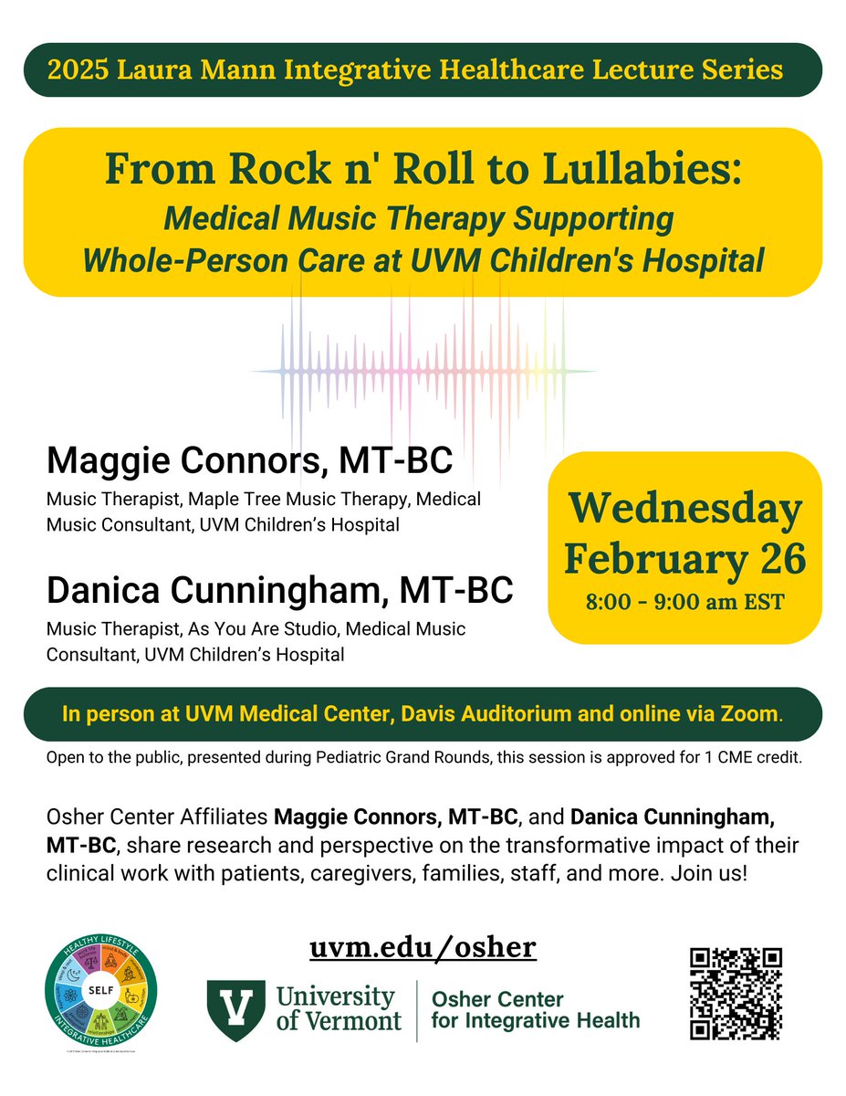 Wed. morn 2/26! Pop in (at  <a href="/UVMMedCenter/">UVM Medical Center</a> or online) to hear our Children's Hosp. Music Therapy team share research re: their clinical work w/patients, families &amp; staff: go.uvm.edu/musictherapyev…
💚🎶⚕️ <a href="/uvmvermont/">University of Vermont</a> <a href="/UVMLarnerMed/">UVM Larner Med</a> <a href="/uvmcnhs/">UVM Nursing & Health Sciences</a>