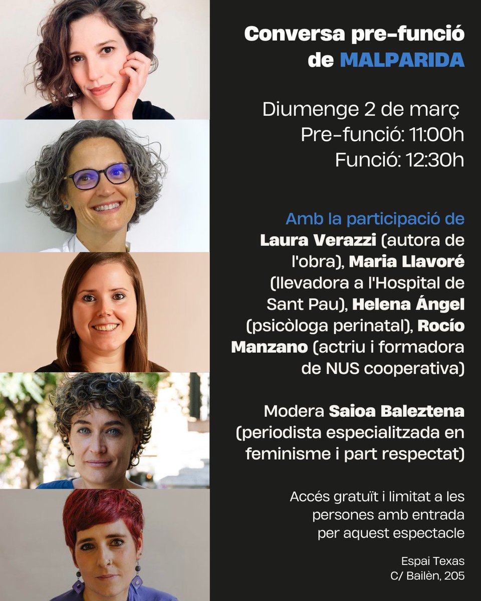 🗣️ CONVERSA PRE-FUNCIÓ DE 'MALPARIDA'

Aquest diumenge a les 11h parlarem sobre violència obstètrica amb <a href="/LauraVerazzi/">Laura Verazzi</a>, Maria Llavoré, Helena Àngel, <a href="/rociomanzano/">Rocio Manzano</a> i <a href="/saioabaleztena/">Saioa Baleztena</a>. 

🎟️ Poquíssimes funcions! espaitexas.cat/espectacle/mal…