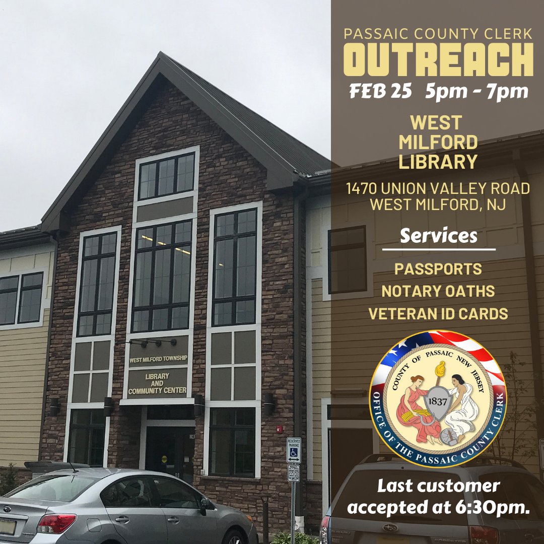 The Passaic County Clerk Outreach Program is coming to West Milford tomorrow. Book your appointment online smpl.is/a2oa4 #NJ #WestMilford