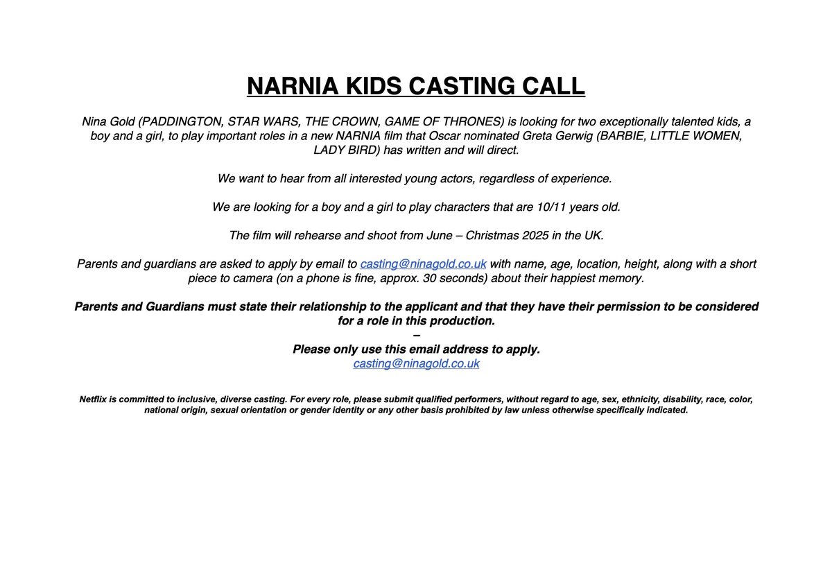 👑NARNIA KIDS CASTING CALL👑

We are looking for a boy and a girl to play characters that are 10/11 years old. 

Please see image below for more details and how to apply. Please RT.