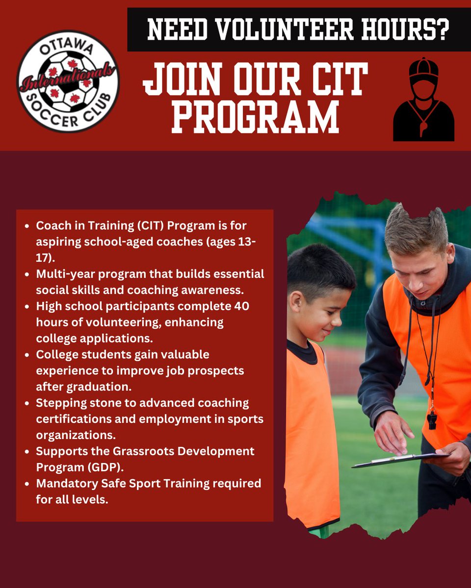 OttawaIntSoccer's tweet image. Join our  Coach in Training (CIT) Program

Designed for aspiring coaches aged 13-17, this program helps build social skills, gain coaching experience, and open doors to future opportunities in sports.

Register Now: ottawasoccer.com/coach-developm…

#CoachInTraining #FutureCoaches #OISC